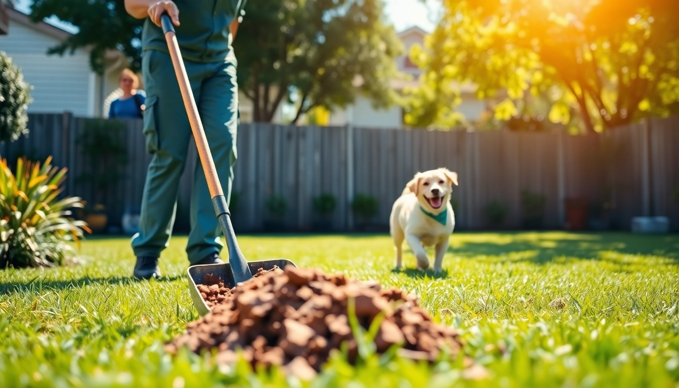 Weekly dog poop scooping service in a clean suburban yard with a technician and a playful dog.