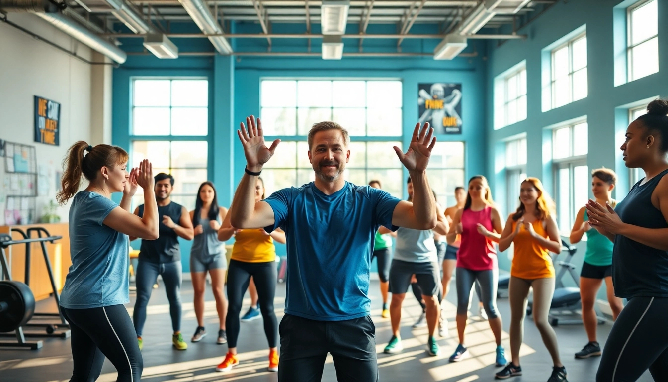 Participants engaged in gym group training with an enthusiastic coach in a vibrant space.