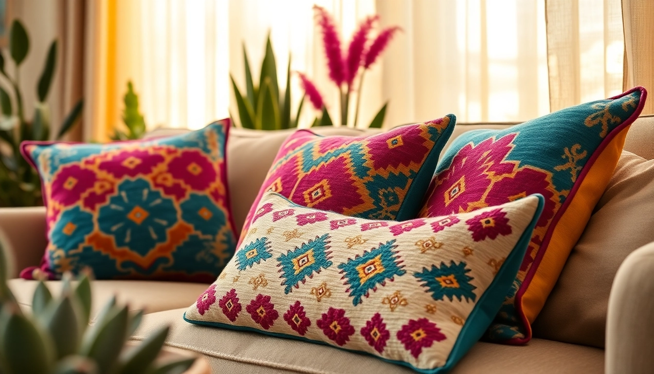 Cactus Silk Pillows displayed vibrantly on a cozy sofa, showcasing intricate Moroccan patterns.