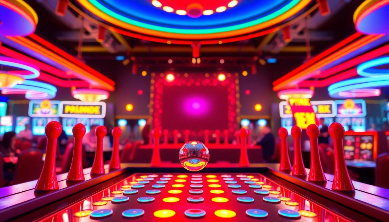 Играйте в plinko на красочном игровом автомате с сверкающими шарами.