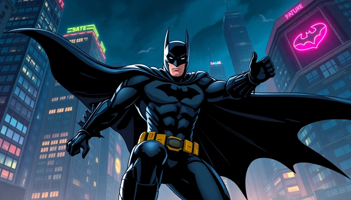 Aksi heroik game batman138 dengan Batman di latar kota yang dramatis.