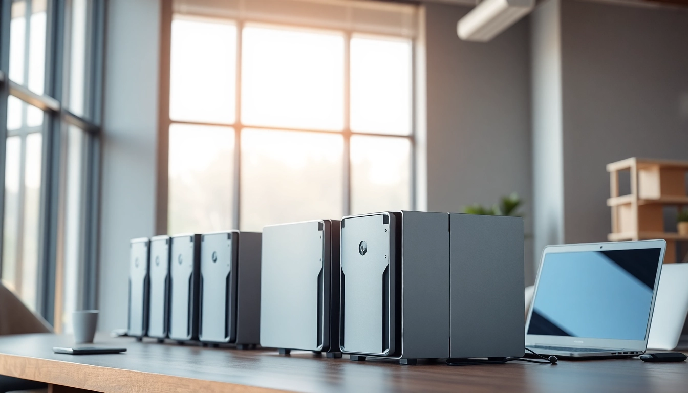 Showcase of Qnap Storage devices in a modern office, highlighting technology and organization.