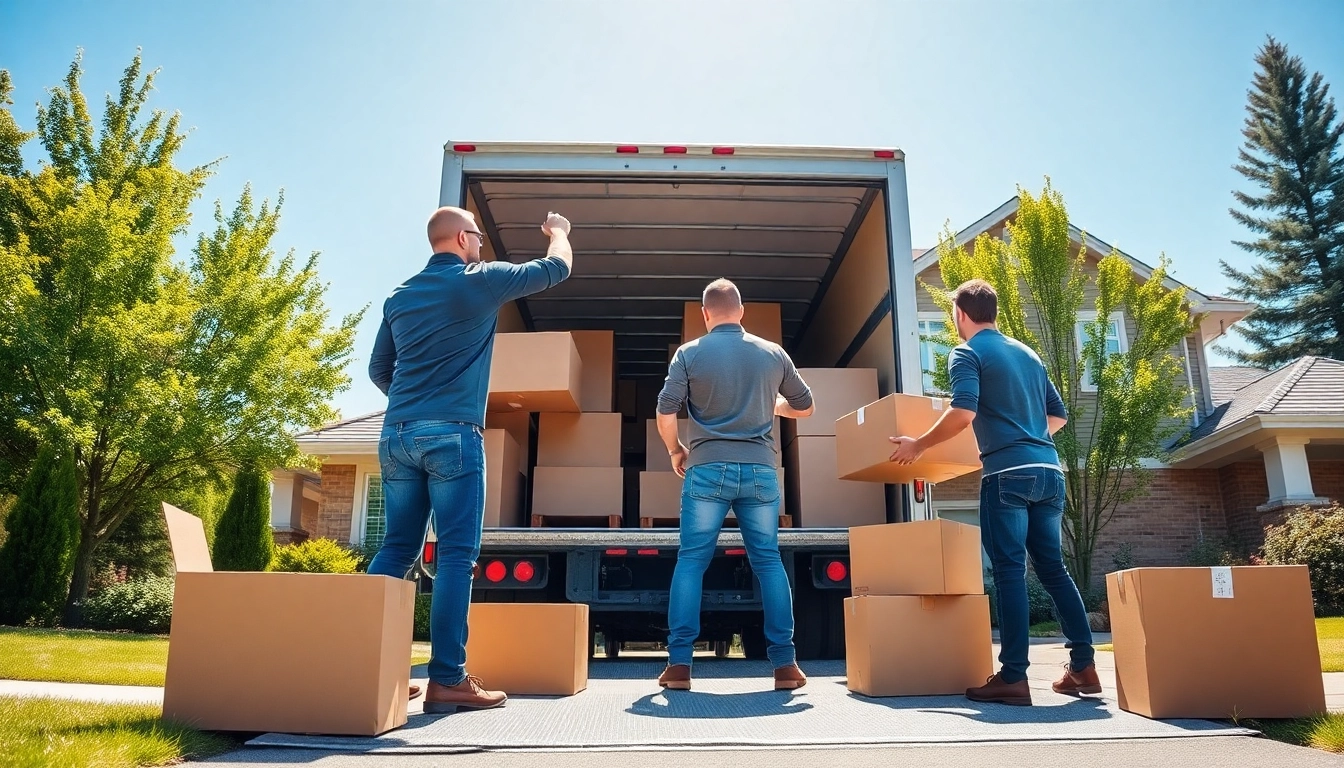Movers calgary expertly loading a moving truck with furniture in a sunny neighborhood.