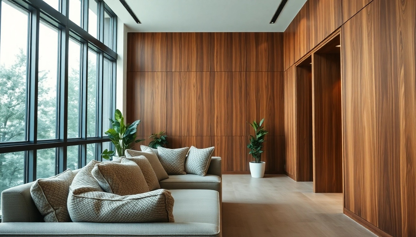 Experience modern wood paneling in a stylish interior with inviting lighting and cozy decor.