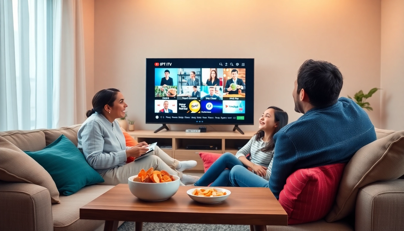 Comprar IPTV desde la comodidad del hogar con familia disfrutando de entretenimiento.
