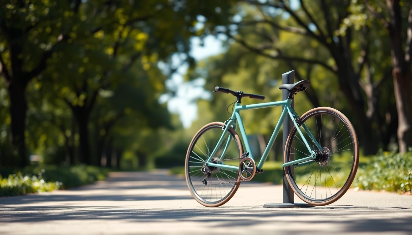 Minimalist bike rack elegantly holding a bicycle in a serene outdoor setting.