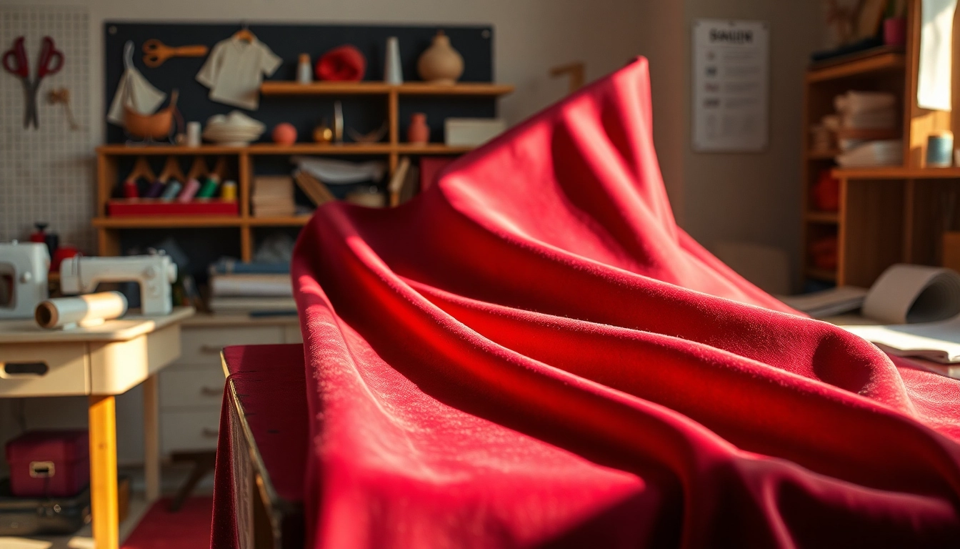 Velours de panne stof met rijke textuur en glans in een naaiatelier.