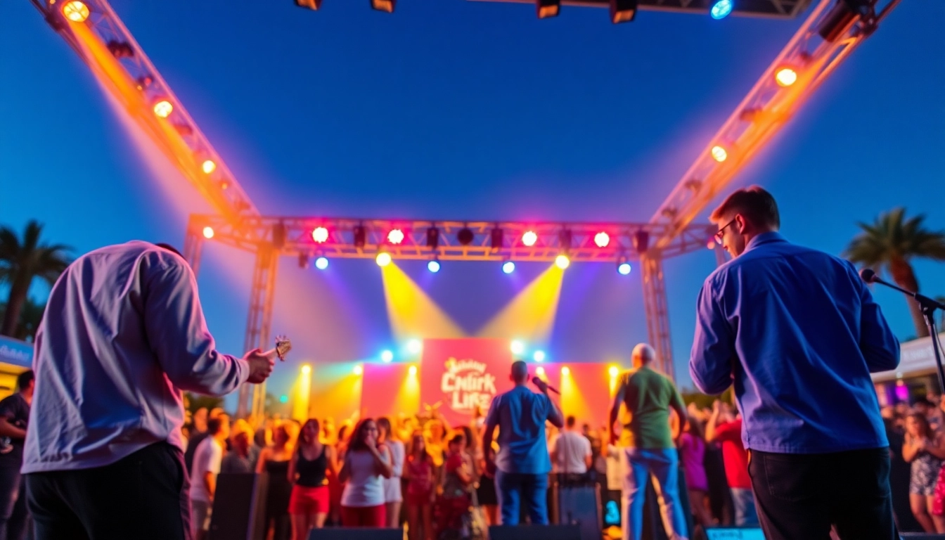 Experience henderson entertainment at a lively outdoor concert featuring energetic musicians and a vibrant crowd.