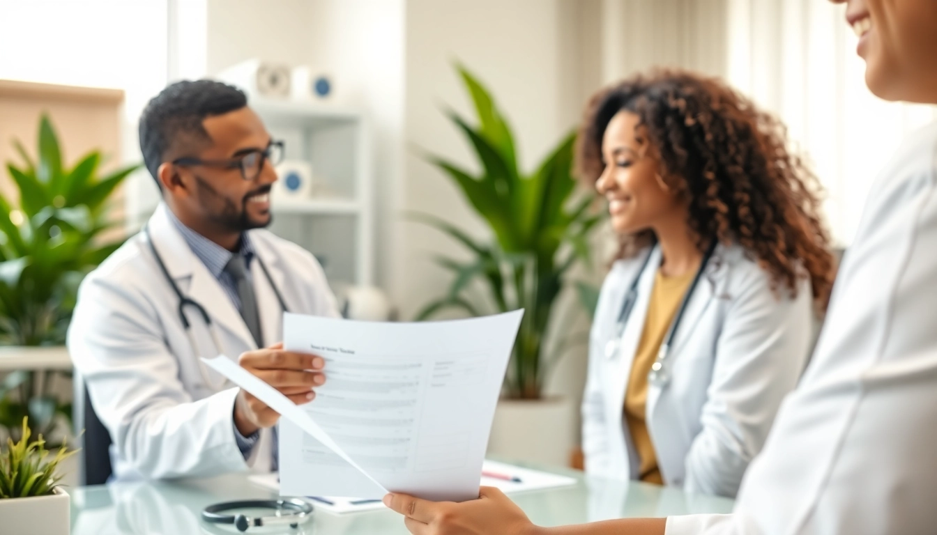 Concierge care physicians discussing patient care solutions in a modern medical office setting.